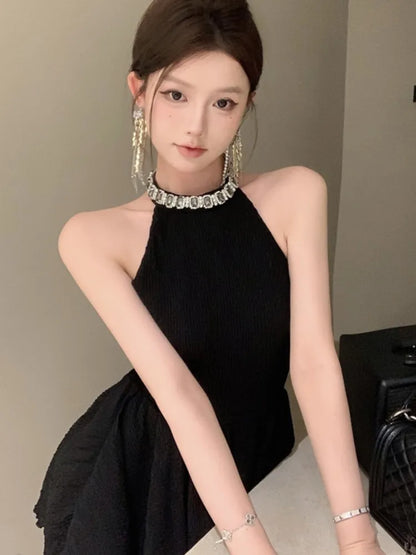 Elegant Halter Black Dresses for Women Summer New Backless Ruffles A-line Korean Birthday Party Dress Prom Short Vestidos Mujer