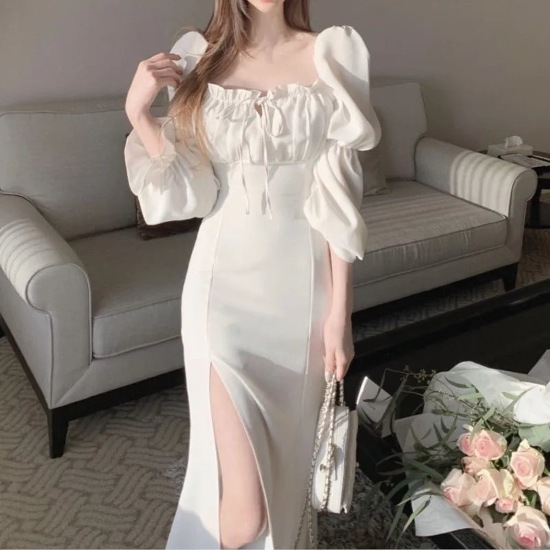Autumn New Bodycon Midi Dresses for Women Puff Sleeve Square Collar High Split Office Lady Korean Fashion Evening Party Dress