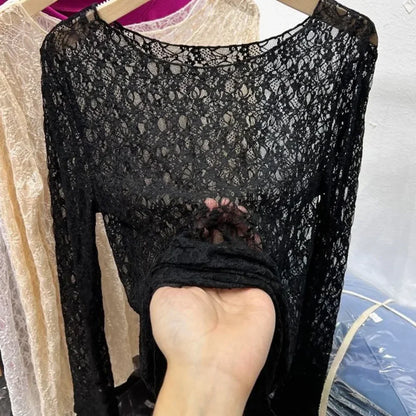 Women Lace Mesh High Collar Bottom T-shirts Female Long Sleeve Autumn Casual Style Tight Thin Tops T-shirts Women Clothes