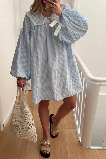 Plaid Mini Dress with Elegant Puff Sleeves