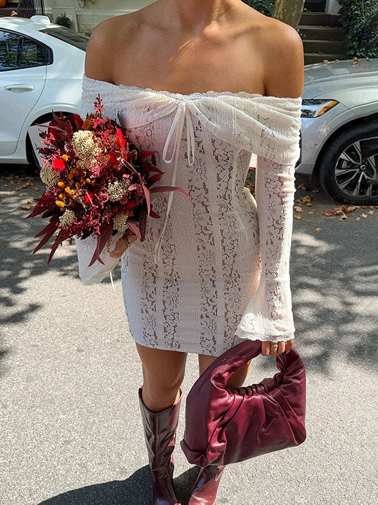 Lace Hollow Slim Mini Dress For Women One Shoulder Sexy Long Sleeves Club Party Dresses Bodycon Bandage Elegant Autumn