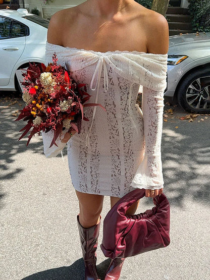Lace Hollow Slim Mini Dress For Women One Shoulder Sexy Long Sleeves Club Party Dresses Bodycon Bandage Elegant Autumn