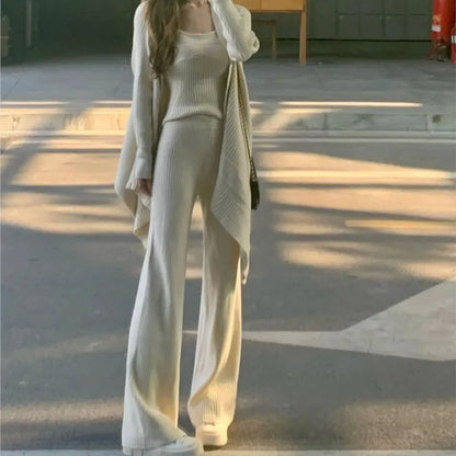 Autumn Winter Solid Knitted 3-piece Set Women Tank Top Long Pants Cardigan Sweater Pullover Korean Fashion Casual Outfits New