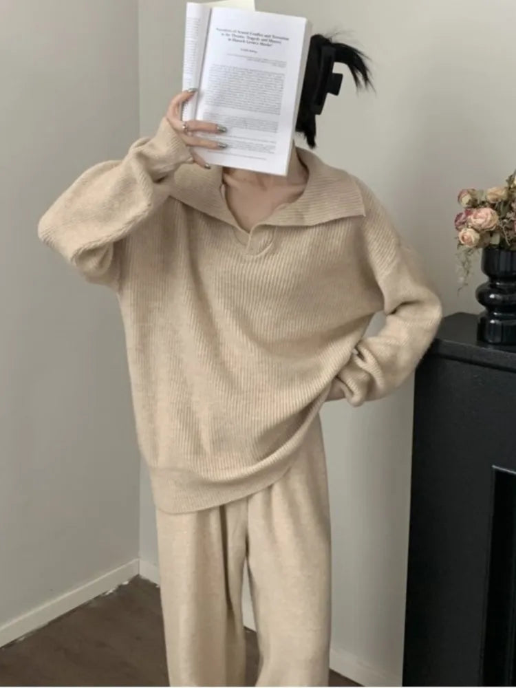 Autumn Winter Women’s Knitted 2-piece Set Lapel Pullover Sweater Long Pants Korean Fashion Casual Female Clothing Knitwear New