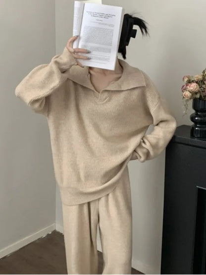 Autumn Winter Women’s Knitted 2-piece Set Lapel Pullover Sweater Long Pants Korean Fashion Casual Female Clothing Knitwear New