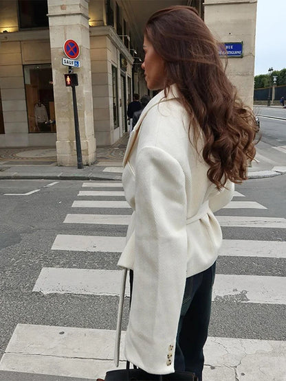 Street Lace Up Cropped Blazer Coat Women Loose Lapel Pocket Long Sleeve Suit Jackets Female 2025 Spring White All-match Outwear