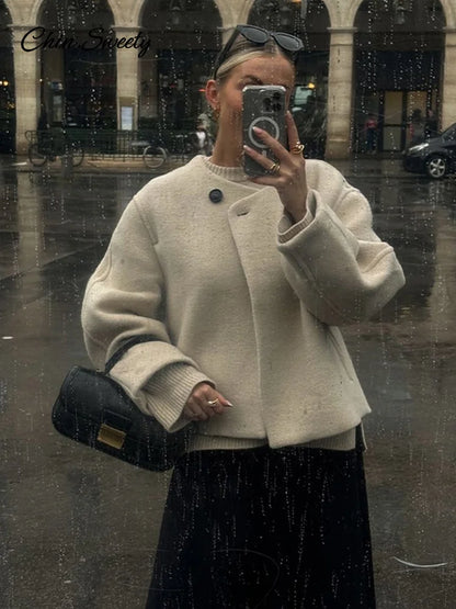 Elegant Solid Woolen Blend Jacket For Women Fashion Button O-neck Long Sleeve Coat  New Autumn Winter Commute Warm Outwear