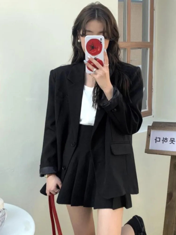 Korean Fashion Solid Two-piece Skirt Set Women Single Breasted Blazer Coat + Pleated Mini Skirt Autumn Office Lady Casual Suits