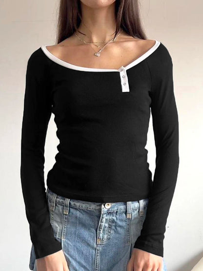 Contrast Binding Off Shoulder O Neck Slim Long Sleeve Basic Black T Shirt Women Asymmetric Button Up Chic Fashion Streetwear Tee