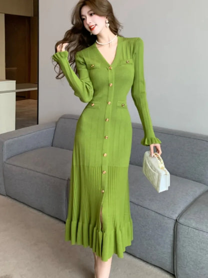 Autumn Solid Knitted Dresses for Women Single Breasted Chic Flared Sleeve Ruffles Hem Casual  Female Office Elegant Robes