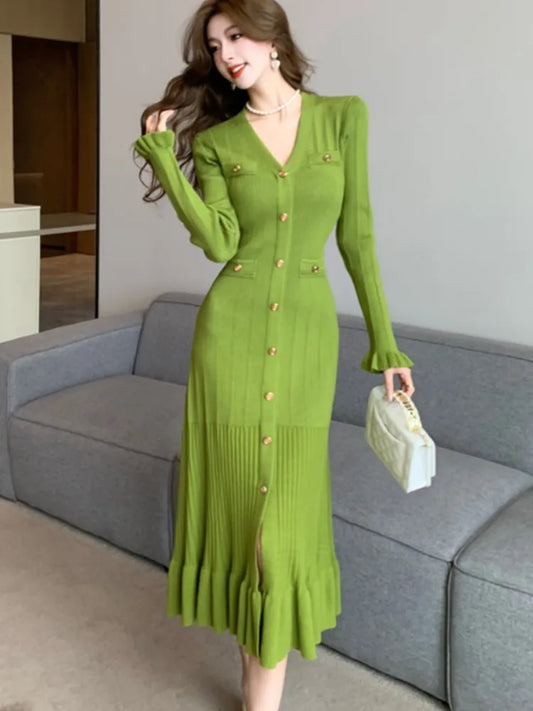 Autumn Solid Knitted Dresses for Women Single Breasted Chic Flared Sleeve Ruffles Hem Casual  Female Office Elegant Robes