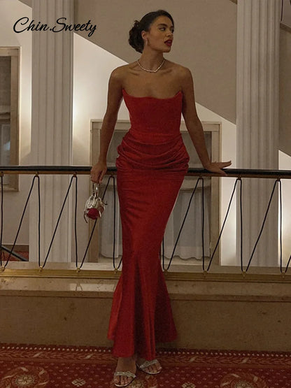 Sexy Pleat Strapless Long Dresses Women Sleeveless Backless Hip Package Lace-up Party Dress Lady New Christmas Cocktail Gowns
