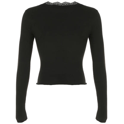 Solid Ruched Lace Trim Square Collar T-Shirt Women Slim Long Sleeve Hotsweet Retro Autumn New Top Tees Chic
