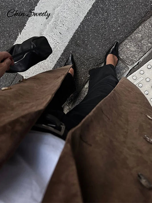 Fashion Lapel Suede Long Jacket Women Elegant Oversized Double-breasted Trench Overcoat  Autumn Lady Commute Outerwear New
