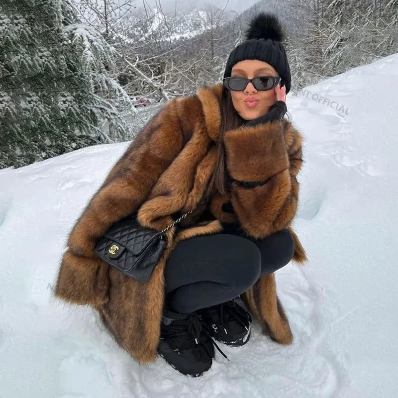 Luxury Brand Long Furry Faux Fur Coat Women  Winter Brown Vintage Gradient Thick Warm Outerwear Fluffy Fur Jacket