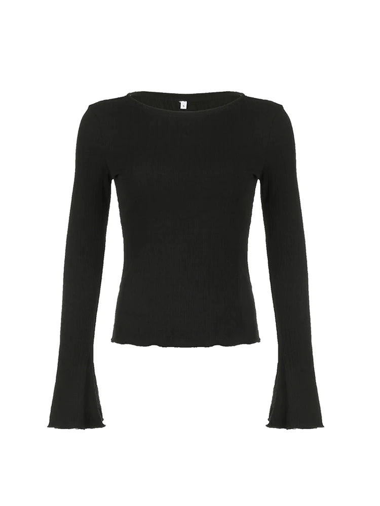 Black Solid Slim Flared Sleeve Elegant T Shirt Women Simple Basic Fashion Spring Autumn Knitted Top Tees