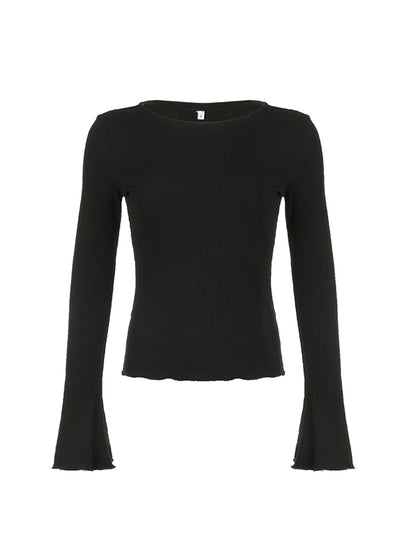 Black Solid Slim Flared Sleeve Elegant T Shirt Women Simple Basic Fashion Spring Autumn Knitted Top Tees