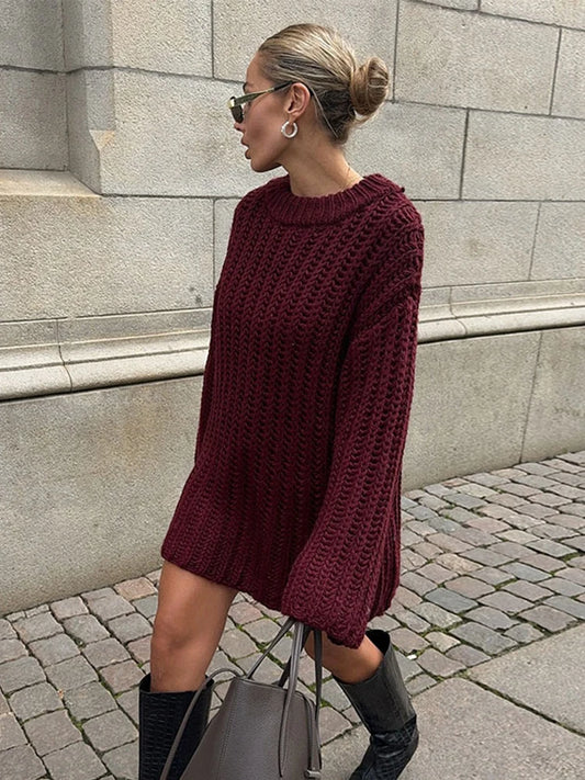 Casual Knitted Solid Mid Long Sweaters Women Loose O-neck Long Sleeve Dark Red Pullover Sweaters Female Autumn Chic Street Tops