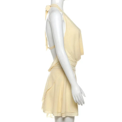V-Neck Sexy Fashion Mini Dress For Women Ruffled Backless Lace-Up Patchwork Mesh Autumn New Slim Solid Female Party Dress