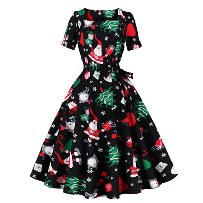 Trend Elegant Christmas Party Dresses Women Print Square Collar Short Sleeves Bowknot Leace-up A-line Dress Female New Vestidos