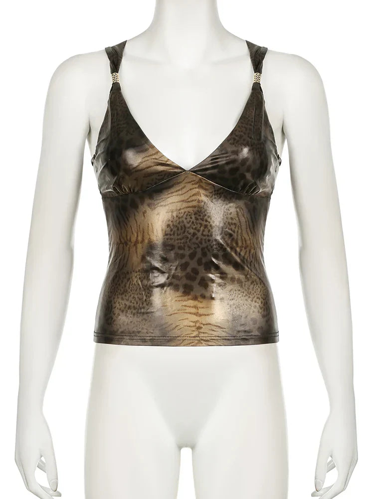 Voguable Vintage Leopard Print Camisole Y2K Aesthetic Sleeveless Crop Tops Coquette Tank Top Harajuku