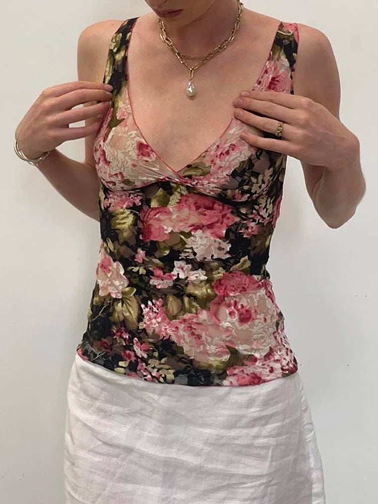 Sweetown French Romantic Colorful Floral Print Lace Vest Sleeveless V Neck Slim Elegant Sexy Summer Vacation Boho Tank Top Women