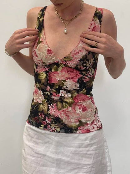 Sweetown French Romantic Colorful Floral Print Lace Vest Sleeveless V Neck Slim Elegant Sexy Summer Vacation Boho Tank Top Women