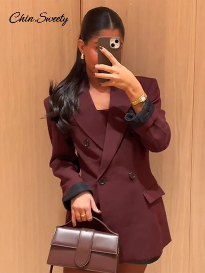 Fashion Burgundy Lapel Blazer Coat Women Elegant Double Breasted Full Sleeve Pocket Jacket  Fall New Female Commute Outwear