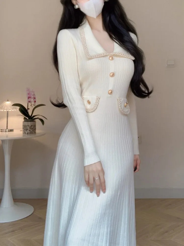 Autumn Winter Knitted Dresses for Women Turn-down Collar Korean Fashion A-line Casual Solid Dress Slim Vestidos Mujer  New