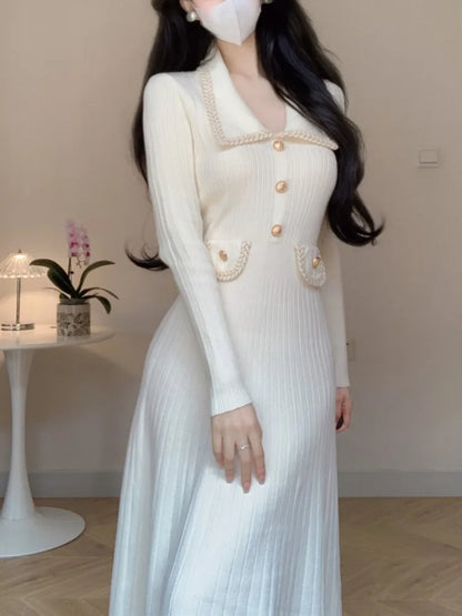 Autumn Winter Knitted Dresses for Women Turn-down Collar Korean Fashion A-line Casual Solid Dress Slim Vestidos Mujer  New