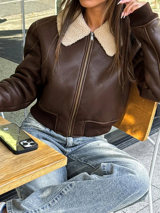 Casual Solid Patchwork Pu Leather Jackets Basic Turn-Down Collar Long Sleeve Coats Women Autumn Winter Fashion Lady