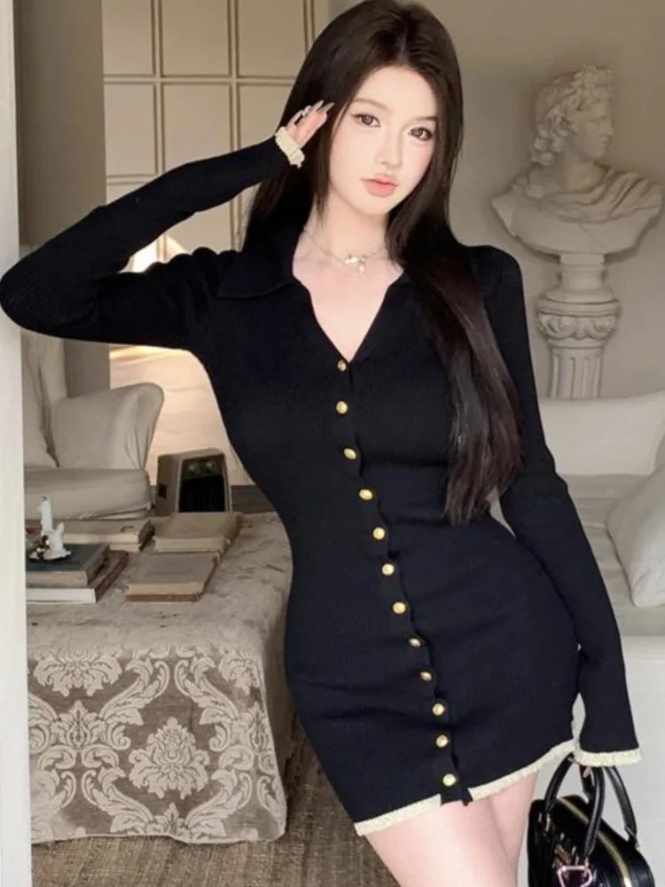 Elegant Knitted Mini Dresses for Women V-neck Flare Sleeve Bodycon Slim Party Dress Korean Fashion New Short Vestidos Mujer