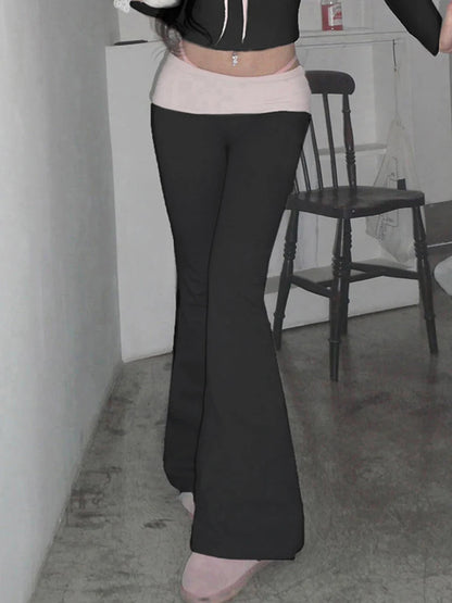 Contrast Patchwork Low Waist Y2K Flared Pants For Women Gray Slim Casual Jogging Sweatpants Black Streetwear