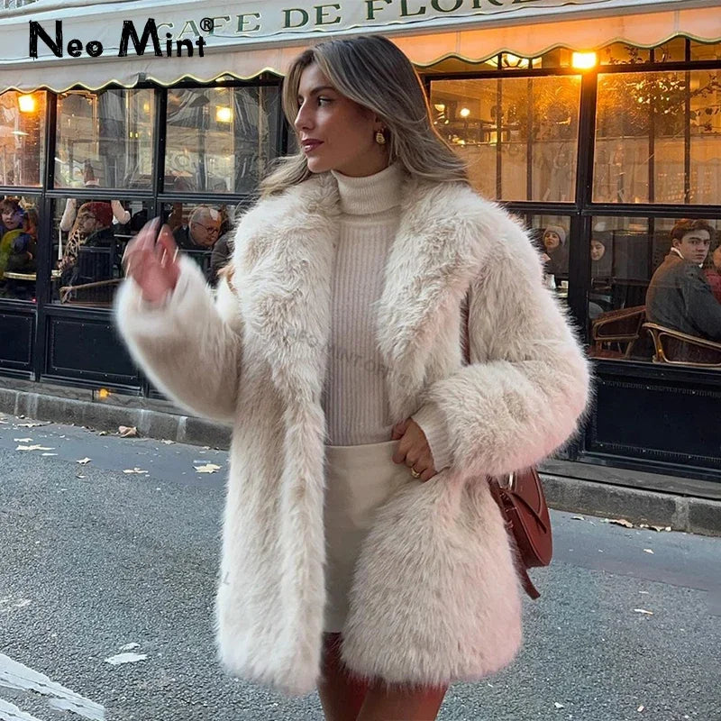 Lapels Faux Fur Coat Women  Winter Brand Designer Fluffy Fox Fur Jacket Luxury Furry Overcoats Girl Stylish Long Outerwear