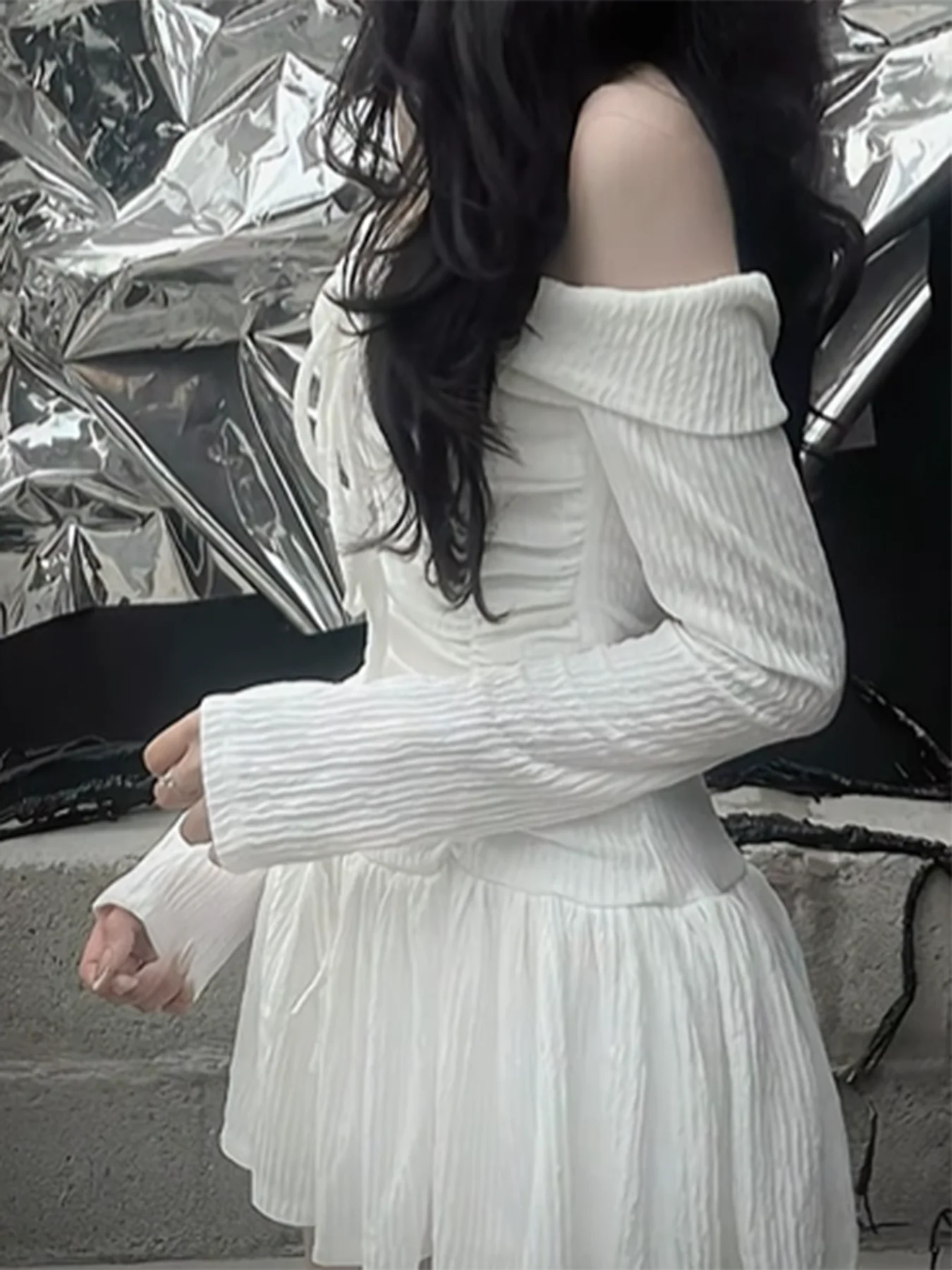 Korean Fashion Slash Neck Elegant Long Sleeve A Line White Dress Women Shirring Slim Waist Simple Sweet Japanese Clothing