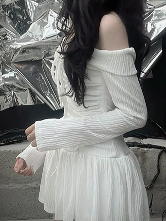 Korean Fashion Slash Neck Elegant Long Sleeve A Line White Dress Women Shirring Slim Waist Simple Sweet Japanese Clothing