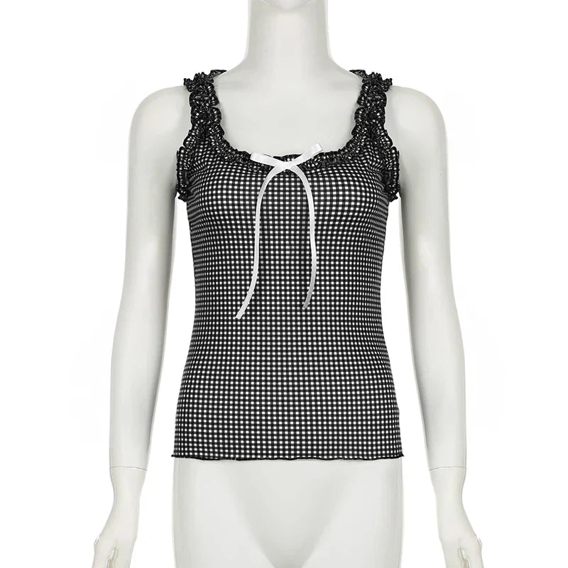 Voguable Y2K Checkerboard Tank Top Ruffle Square Collar Plaid Sleeveless Tops Coquette Aesthetic Contrast Bow Slim-fit Camisole