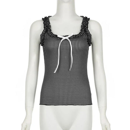 Voguable Y2K Checkerboard Tank Top Ruffle Square Collar Plaid Sleeveless Tops Coquette Aesthetic Contrast Bow Slim-fit Camisole