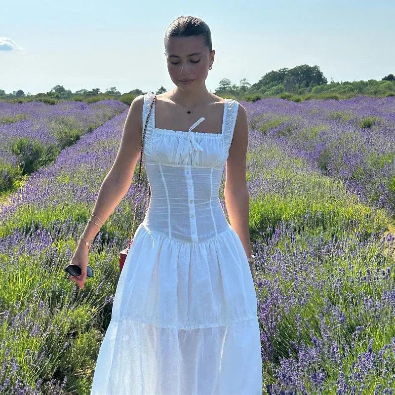 Voguable Elegant Square-Neck White Dress Slim Lace Up Sleeveless Dress Y2K Korean Buttons Beachwear Party Vestido New