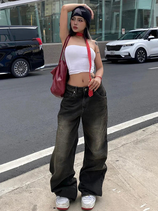 Streetwear Women'S Jeans Harajuku Cargo Pants Y2K Casual Denim Distressed Straight Wide Leg Trousers Female Korean 2024