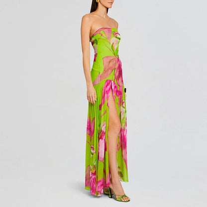 Printed Strapless Pleated Midi Dress