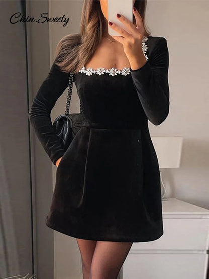Elegant Rhinestone Decor Velvet Mini Dress Black Square Neck Long Sleeve High Waist A-line Dresses  Lady Evening Party Gown