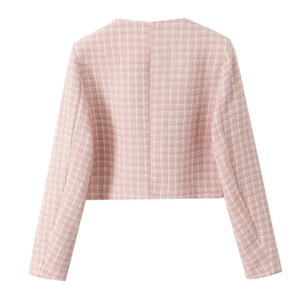 2 pieces 1 Set  French Style Retro Pink Plaid Woven Tweed Blazer + High Waist Mini Shorts Pants Suits
