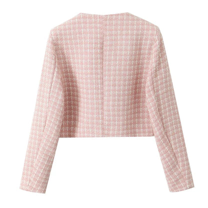 2 pieces 1 Set  French Style Retro Pink Plaid Woven Tweed Blazer + High Waist Mini Shorts Pants Suits