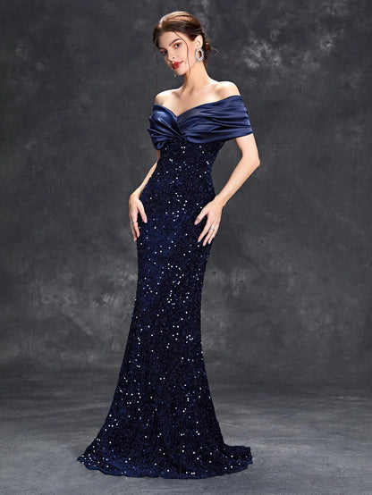 Line neck pleated tint sequin velvet fishtail Dress Evening Gown Ball dress Party dress Bridesmaid dress