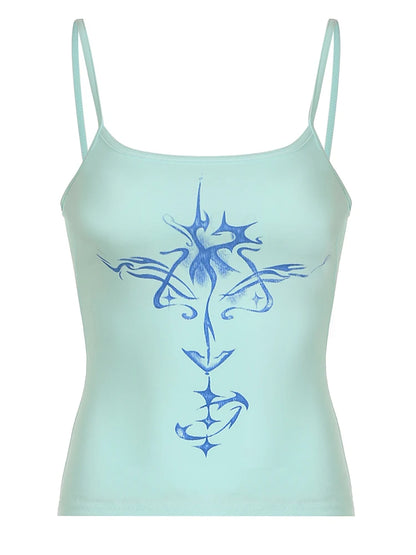 Abstract Print Y2K Camisole Sleeveless Slim Basic Light Blue Crop Top Women Cute Tanks Camis