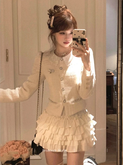 French Vintage 2-piece Set Tweed Lace Patchwork Single Breasted Coat Ruffles Cake Mini Skirt Korean Fashion Autumn Outfits New