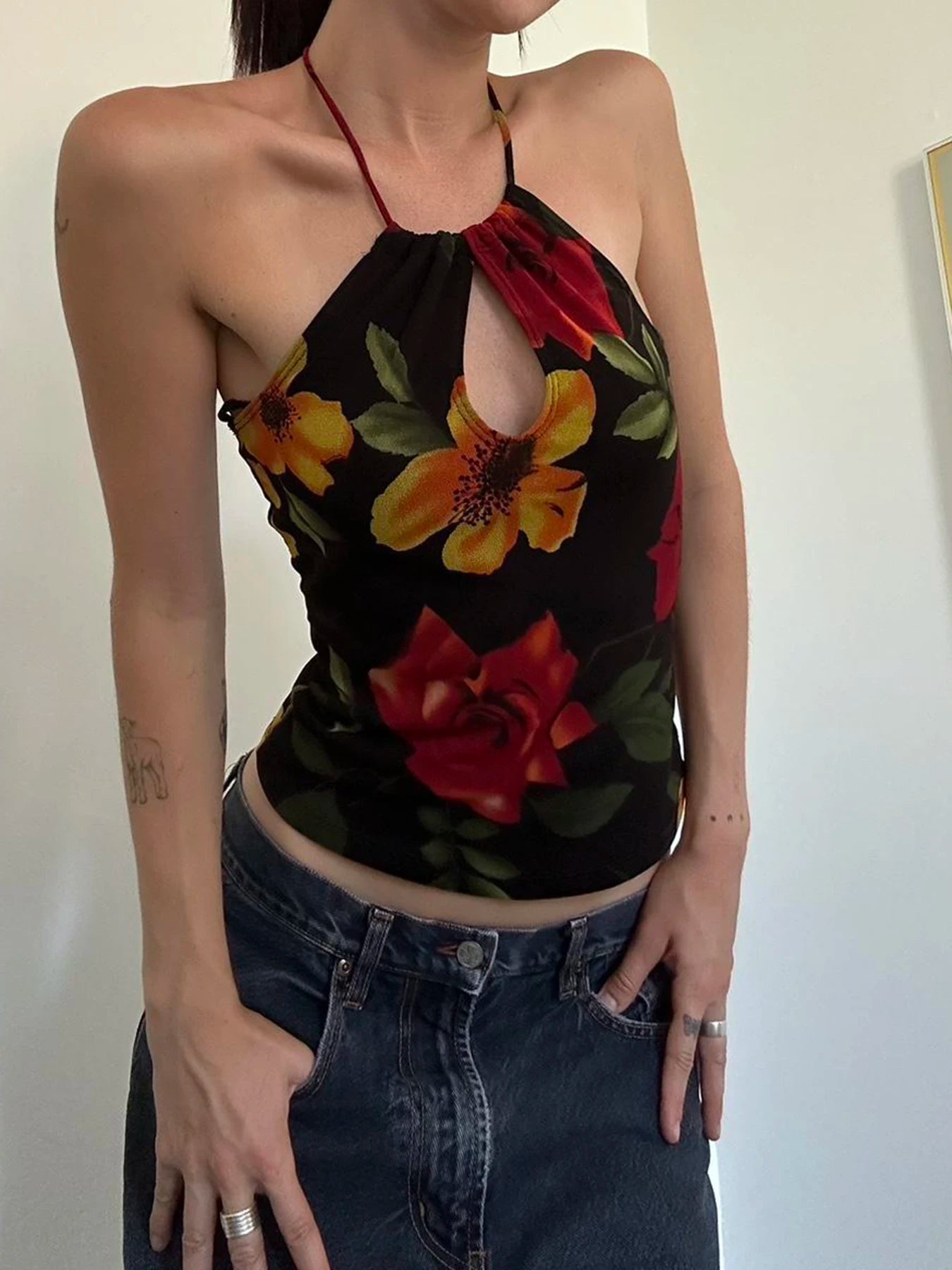 Vintage Aesthetic Big Floral Print Slim Backless Tie Halter Top Women Summer Vacation Tank Vest