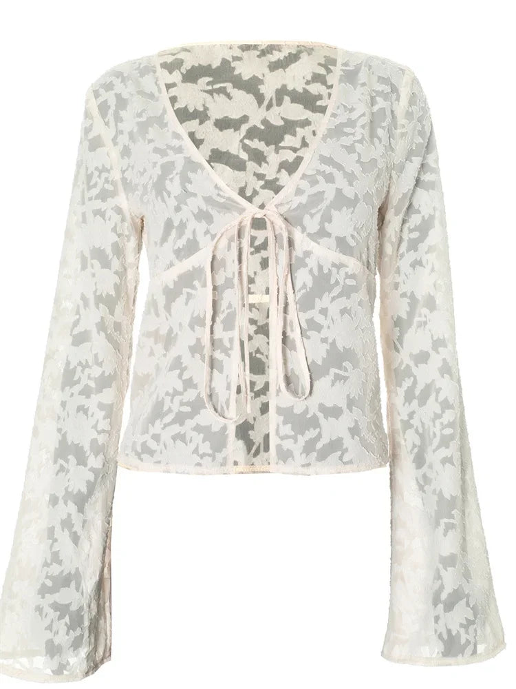 Lace Printed See-Through T-shirt Cardigan Top Female Lace-Up Patchwork Sexy Cropped Y2k Top Tee Women&#8217;s Bandage Top