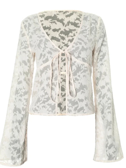 Lace Printed See-Through T-shirt Cardigan Top Female Lace-Up Patchwork Sexy Cropped Y2k Top Tee Women&#8217;s Bandage Top